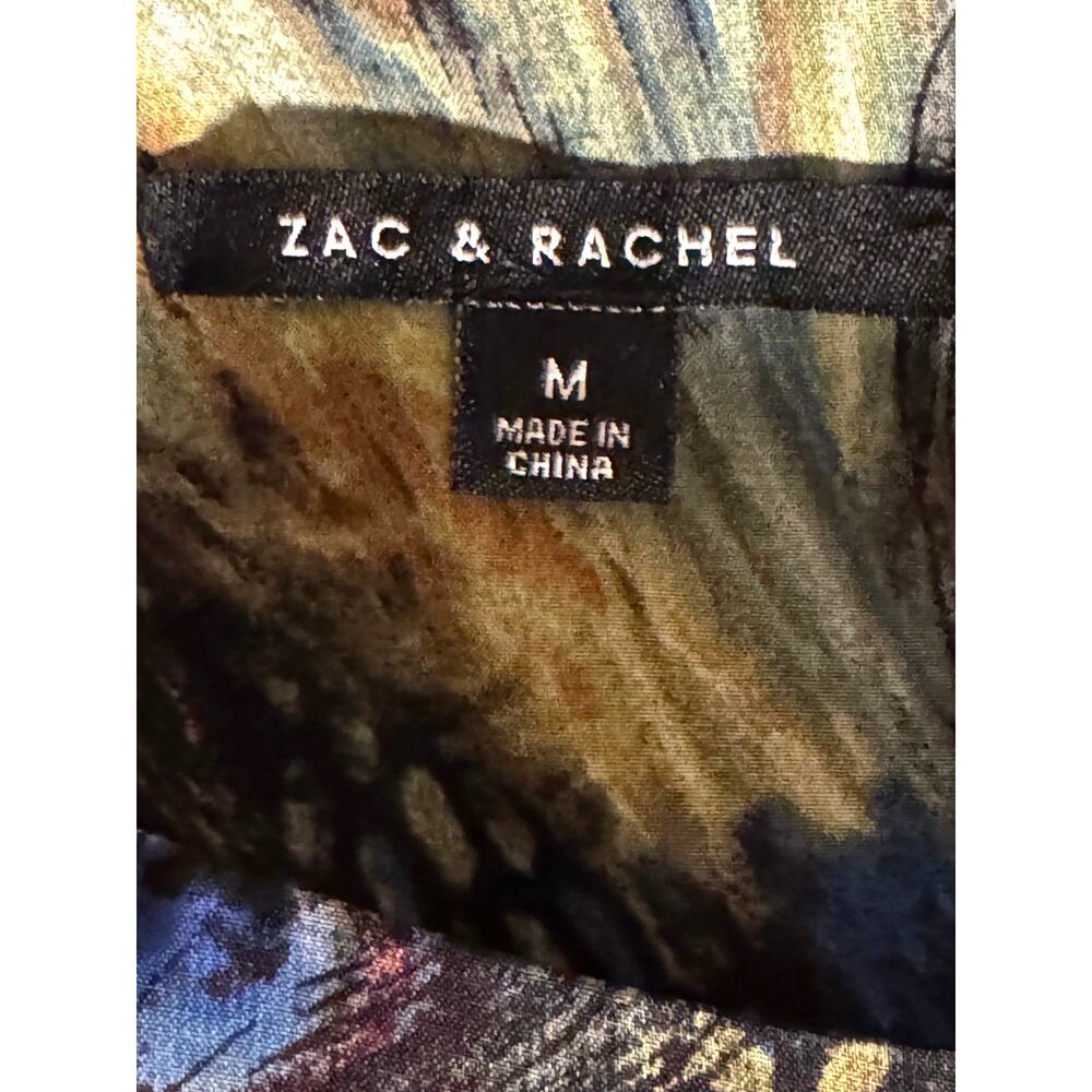 Zac and Rachel Women Medium Peacock Feather Print Sheer Layered Blouse Blue Gold - Picture 6 of 8